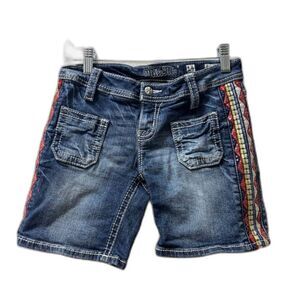 Miss Me Shorts Girls size 14 Blue Denim Embellished Mid Length Jorts aztec